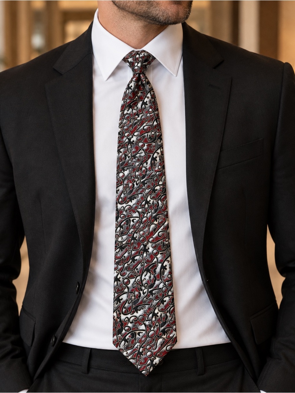 Polifroni Milano Men’s 100% Silk Necktie Red Black Gray Paisley Abstract